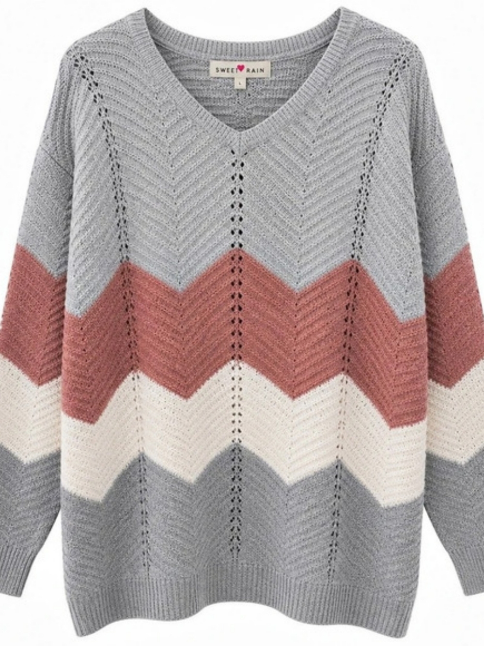 Sweet Rain Chevron V-Neck Sweater Gray & Pink Small